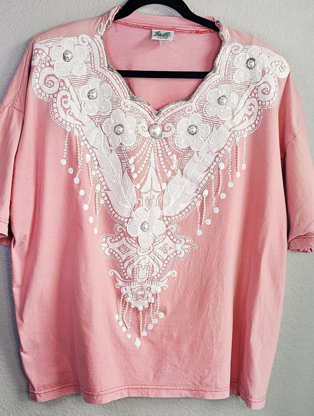 Vintage 90s Pink Embellished Plus Size Top 3X Retro 80s Glam Shoulder Pads